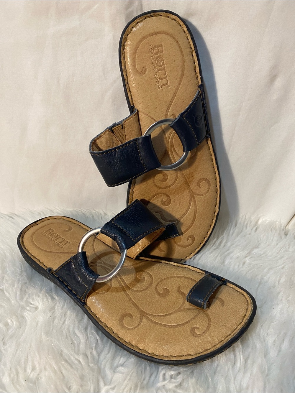 Born Navy Leather Slide Sandals with Silver Ring Accent